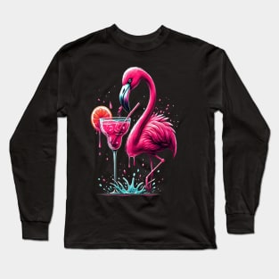 funny flamingo drinking margarita Long Sleeve T-Shirt